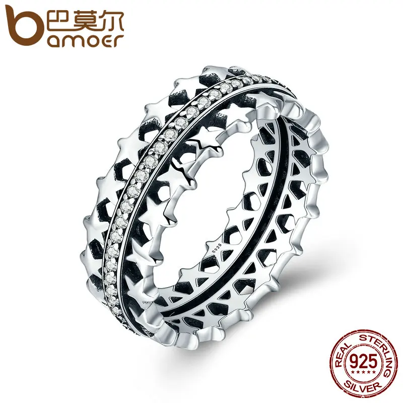 BAMOER Authentic 925 Sterling Silver Star Trail Statement Ring For Women Engagement S925 Silver Exaggerate Jewelry SCR049