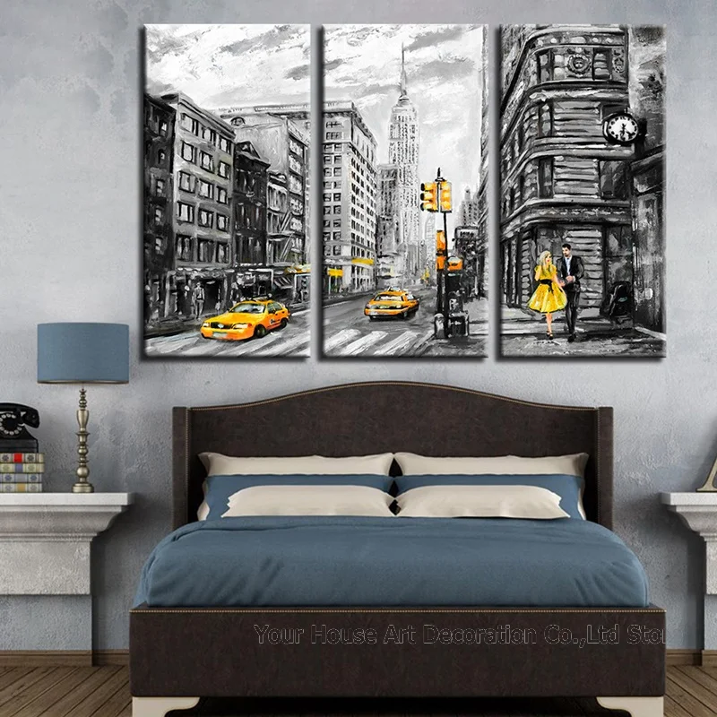 Wall Art Abstract 3 Pieces New York City Street Yellow Taxi Car Paintings Home Decor Modular Pictures Framed Canvas Posters