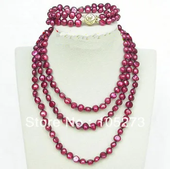 

New Arriver Pearl Jewelry Set Long 48'' & 8'' 8-9mm Baroque Shaper Wine Red Natural Pearl Necklace Bracelet Wholesale Free Ship