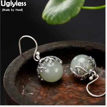 

Uglyless Asian Ethnic Handmade Leaf Earrings for Women 100% Real Solid 925 Silver Fine Jewelry Natural White Jade Ball Earrings