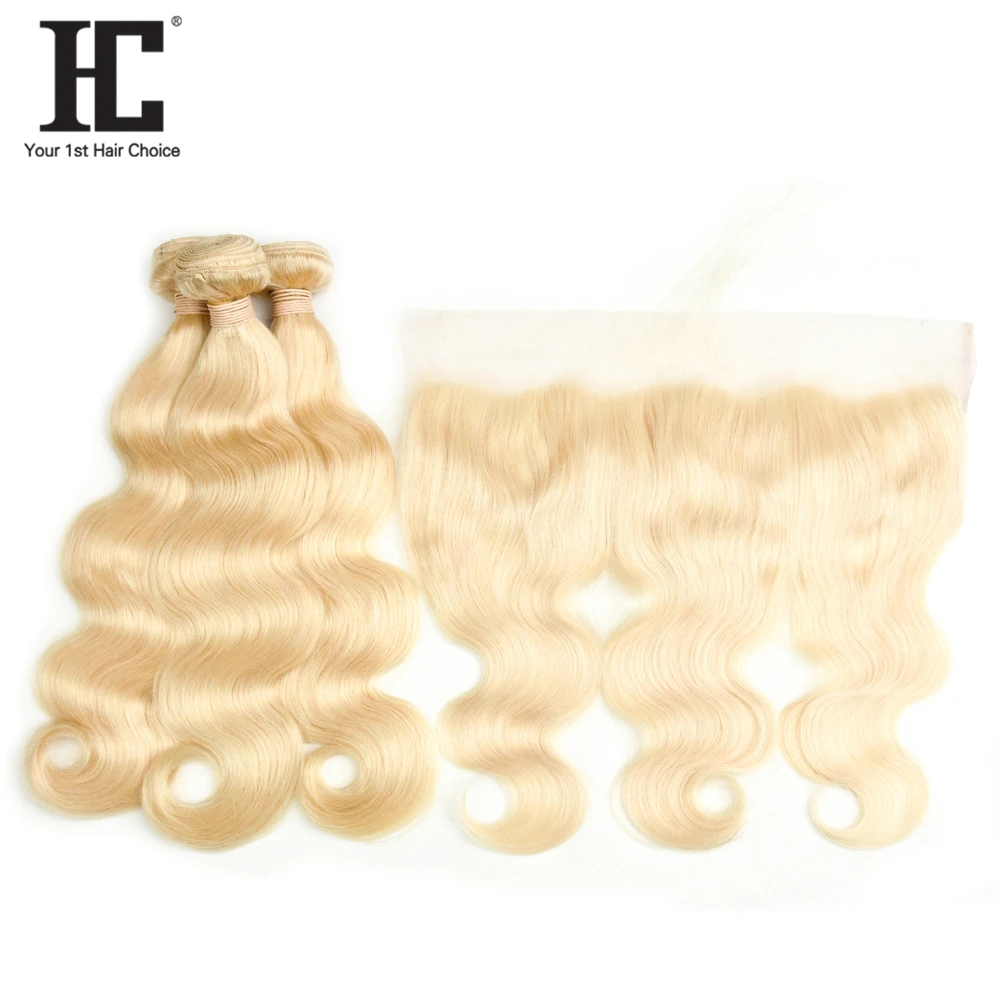 HC Brazilian Body Wave Human Hair 3 Bundles With Frontal Ear to Ear Lace Frontal Closure With 613 Blonde Bundles Remy Hair Weave