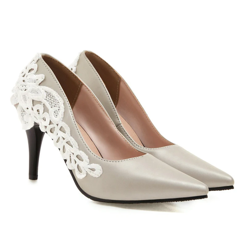 

Rimocy elegant ladies wedding party lace floral patchwork pumps 2019 fashion women's thin high heeled pointed toe shoes woman 43