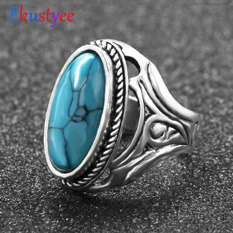 

Retro Hollow Stone Rings for Women Tibetan Silver Plated Turkish ring Vintage Wedding Jewelry