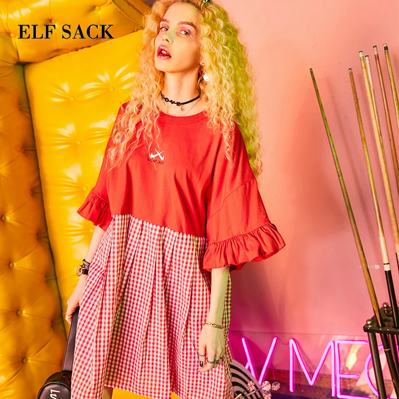 

ELF SACK Women Loose Straight Dress Plaid British Vintage Oversize Dresses Womens Ruffles Sleeve Parchwork O Neck One Piece OL