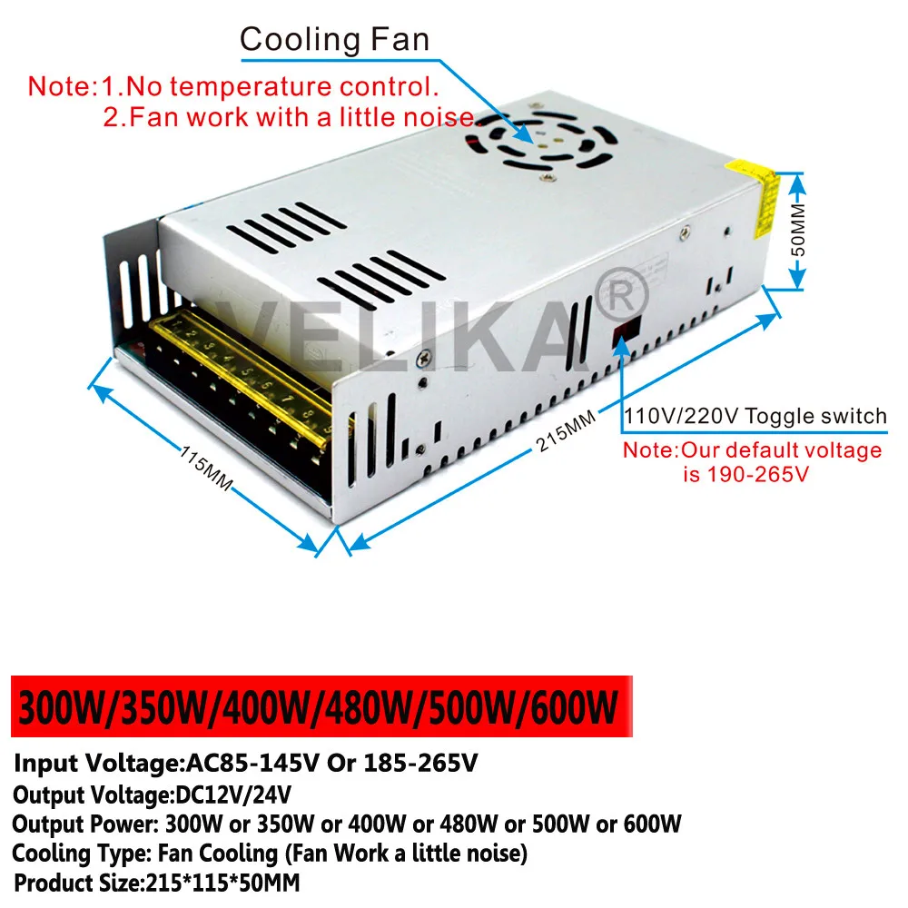 Switching Power Supply DC 12V 24V 15W 24W 36W 48W 60W 72W 100W 120W 150W 200W 240W 300W 350W 400W 500W 600W 800W 1000W 1200W