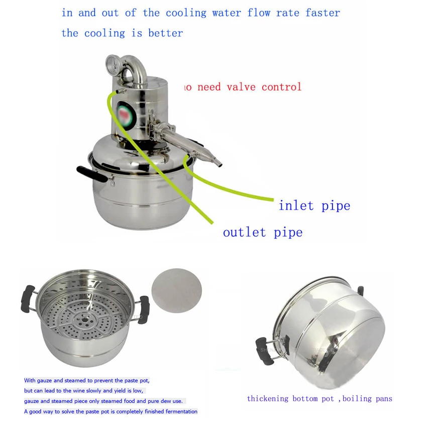 15L бытовой дистиллятор из нержавеющей стали для сваренное вино, очищенная Роса, Паровая вода, вакуумная Дистилляция