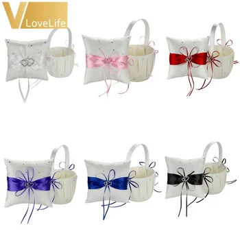 

Wedding Girl Flower Basket and Ring Pillow(20cm x 20cm) Double Heart Diamond Buckle Colorful Satin Ribbon Wedding Home Decor
