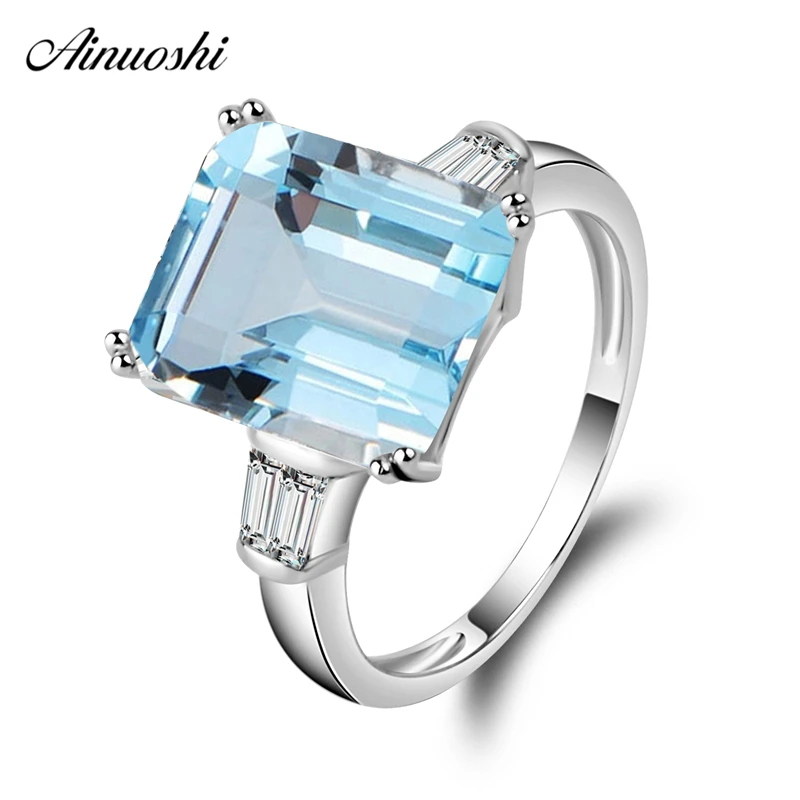 

AINUOSHI 925 Silver Blue Topaz Rectangle Ring 5 Carat Emerald Cut Natural Sky Blue Gemstone bague Women Engagement Wedding Band