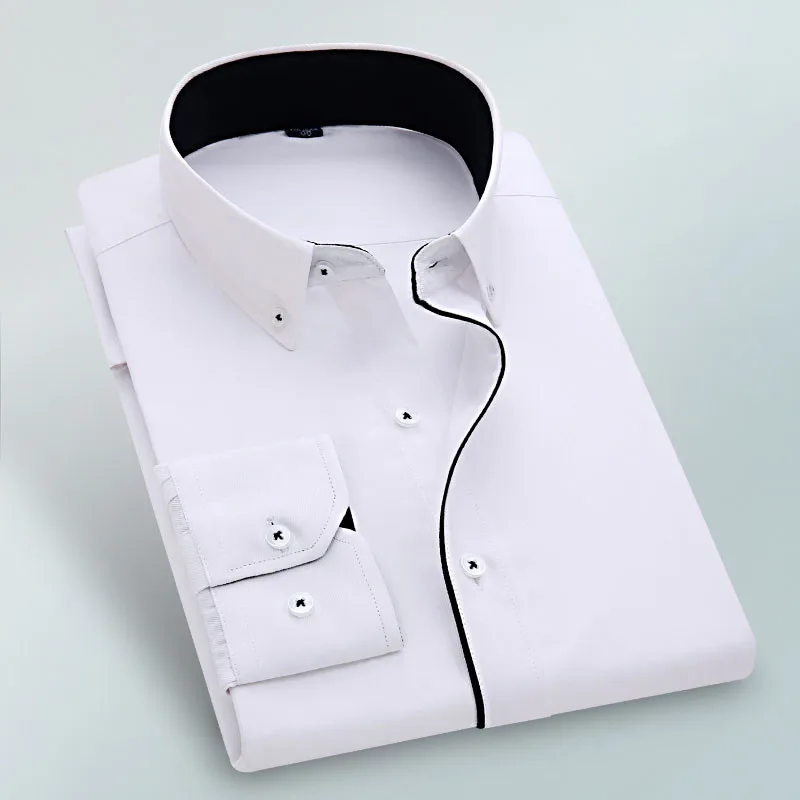

new solid non-iron easy care formal men dress shirt without chest pocket button square collar long sleve male tops