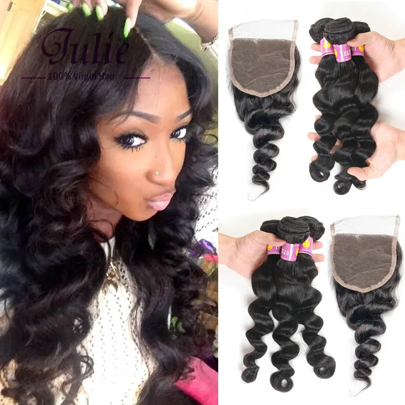 Yolissa Peruvian Virgin Hair Loose Wave With Closure 7A Unprocessed Peruvian Human Hair Weave 3 or 4 Bundles With Lace Closure