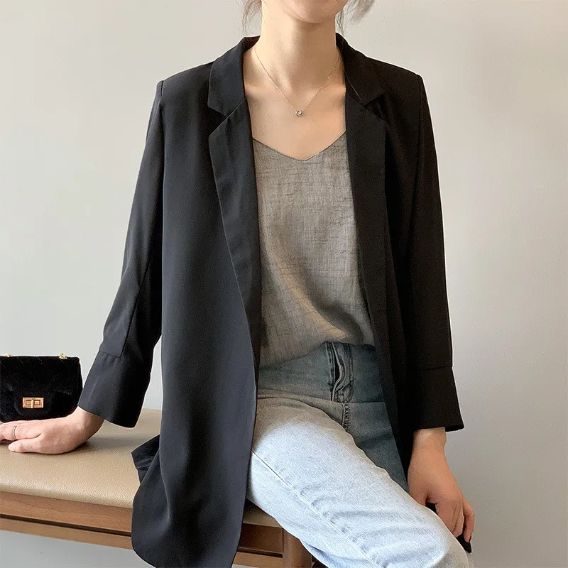 

Chiffon Long Blazer Women For Summer Single Button Vintage Streetwear Casual Coats Notched Korean Style Thin White Black Blazer