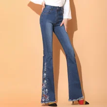 Осенне-зимние женские новые с высокой талией Вышивка большого размера микро-роговые джинсы плюс бархатные толстые брюки прямые широкие брюки