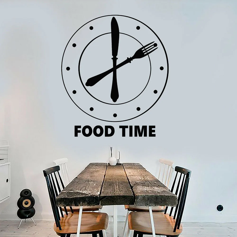 cheap Kitchen Home Decors Clock Fork Knife Wall Stickers Quote Food Time Room Decorative Art Wall Decals New Design Wall Mural B478