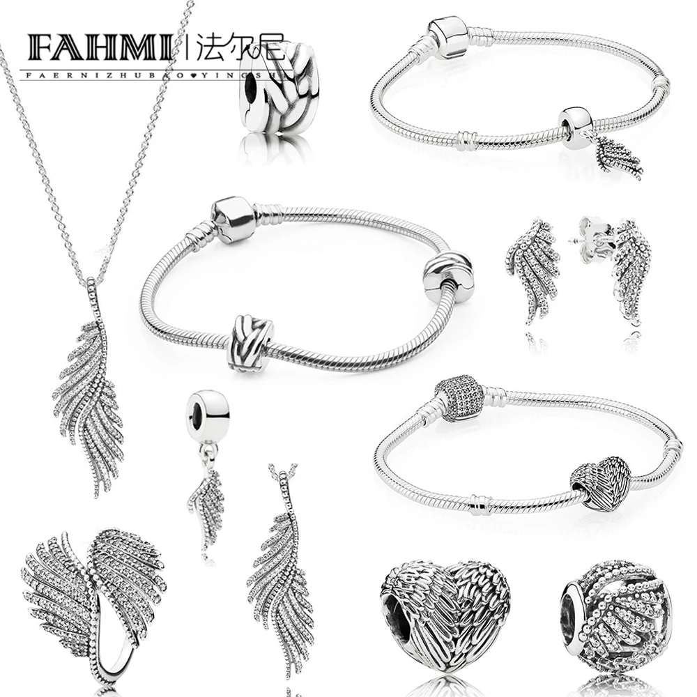 

FAHMI 100% 925 Sterling Silver 1:1 ANGELIC Majestic Feathers Stud Earrings Pendant Beaded HANGING Charm Clip Ring Bracelet Set