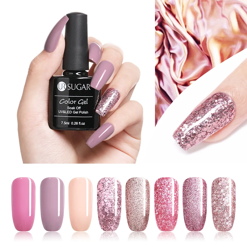  UR SUGAR 7.5ml Gel Nail Polish Rose Gold Holographic Glitter Pure Pink Color Gel Nail Varnish Manic