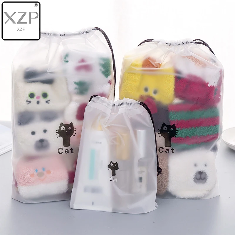 

XZP Cute Cat Transparent Scrub Cosmetic Cases Bag Travel Makeup Bag Women Drawstring Make Up Organizer Storage Pouch Wash Kit