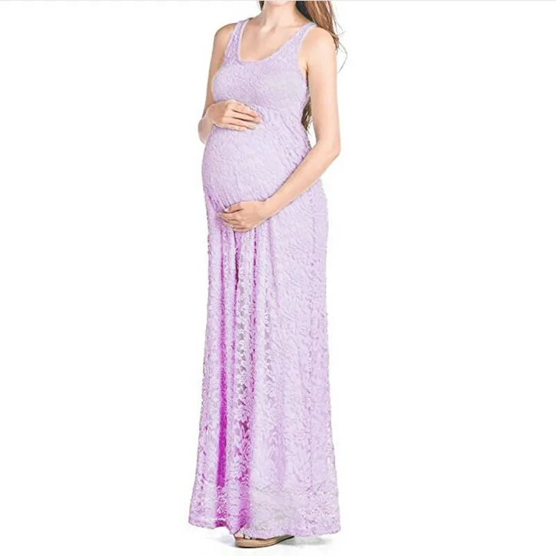 

New Leisure Purple Pink Lace Stitching Dresses Pregnant Women Sexy Loose Tail Party Dress Summer Sleeveless Maternity Clothing