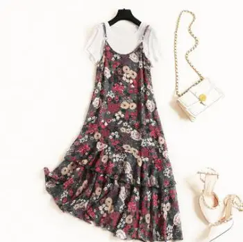 

Sling skirt 2019 summer ruffled chiffon dress + round neck casual short-sleeved shirt two-pieceT3516