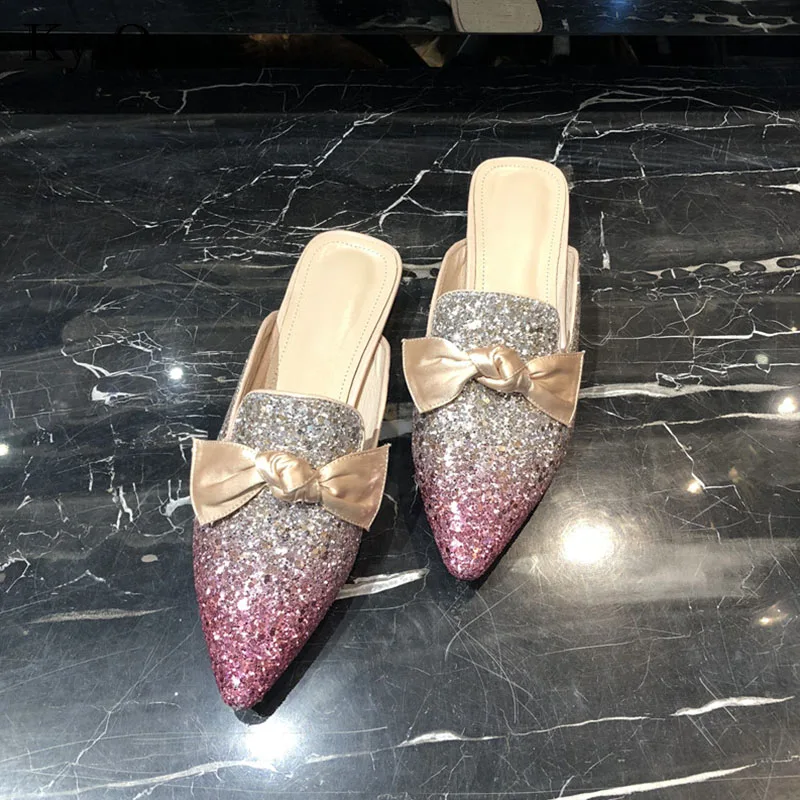 

2018 Fashion Sequins Glitter Slippers Sandals Pointed Toe Low Heel Luxury Mules Shoes Bowknot Ladies Shiny Lazy Shoes