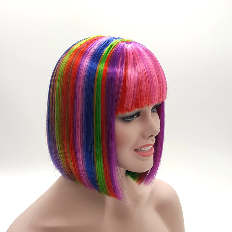 Colorful Rainbow Short Bob Wig with Pink Bangs Cosplay Wigs Lolita