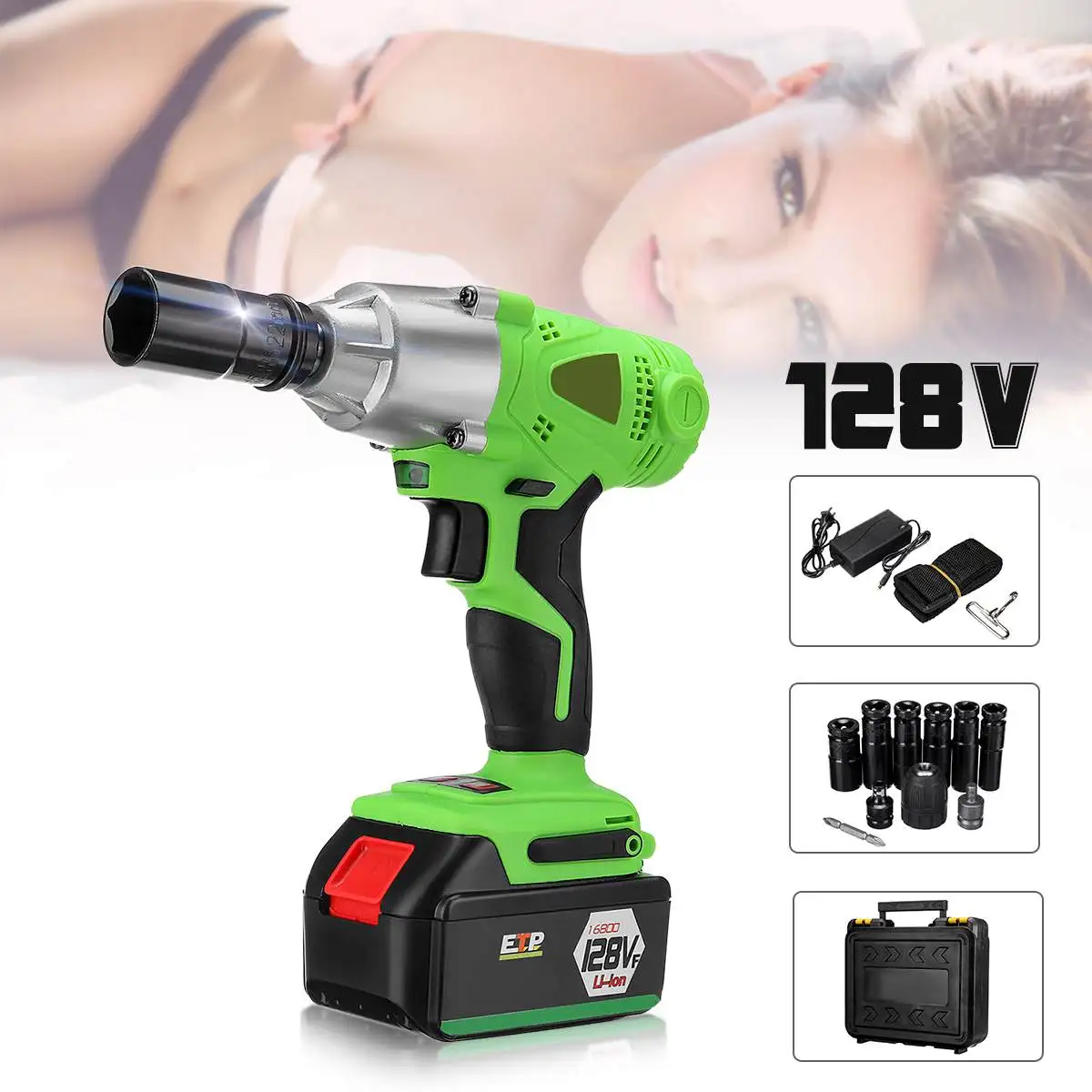 220V Cordless Impact Electric Wrench 12800-16800mAh Li Battery Hand Drill Socket 10mm Wrench Power Tool With LED Light - Color: 128VF