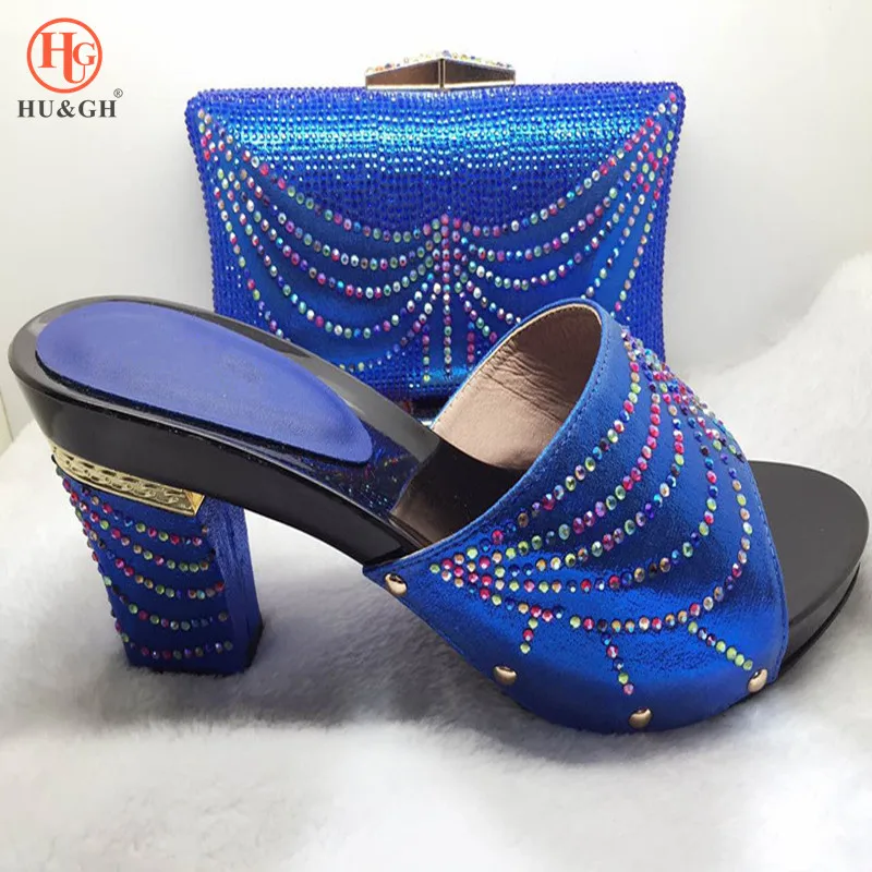 

2018 Blue Color New Arrival High Quality Matching Shoe And Bag Set African Style Ladies High Heels Shoes And Bag Set For Party