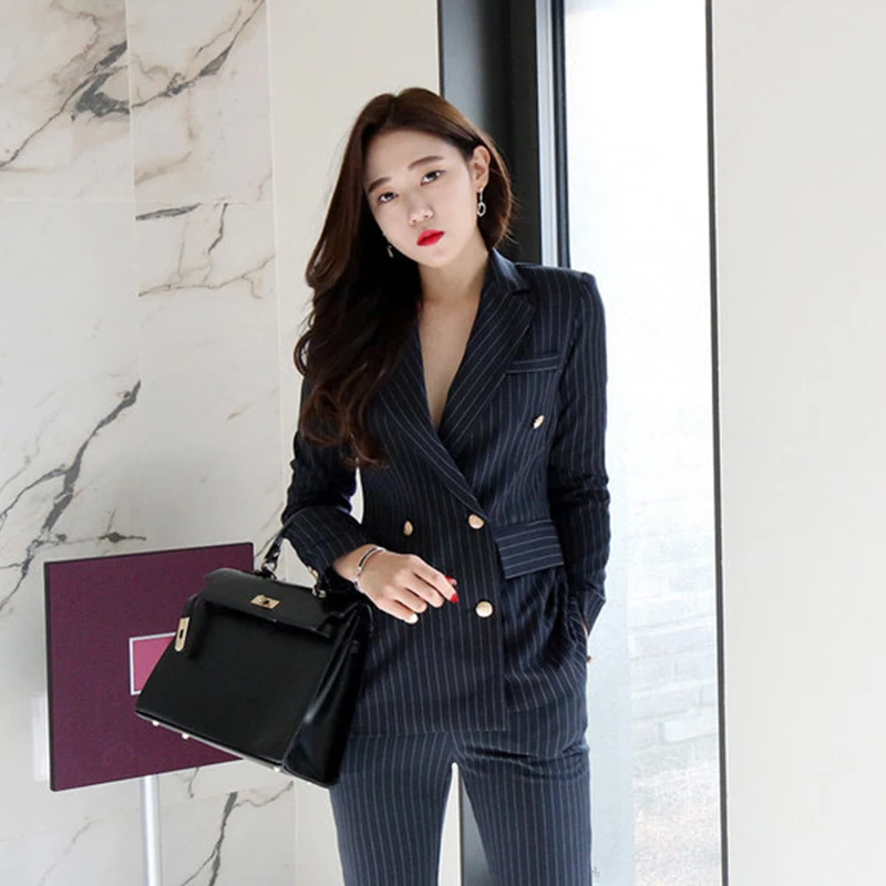 

New Design Work Fashion Pant Suits Women 2 Piece Set for Female Striped Blazer Jacket & Trouser Office Lady Suit Feminino