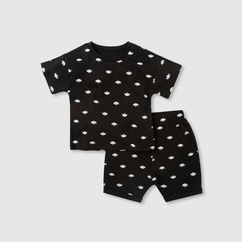 BalabalaBaby/комплекты с короткими рукавами для мальчиков Новинка года, летняя детская хлопковая Футболка с принтом «три глаза монстра»+ шорты детская одежда - Цвет: Black Tone
