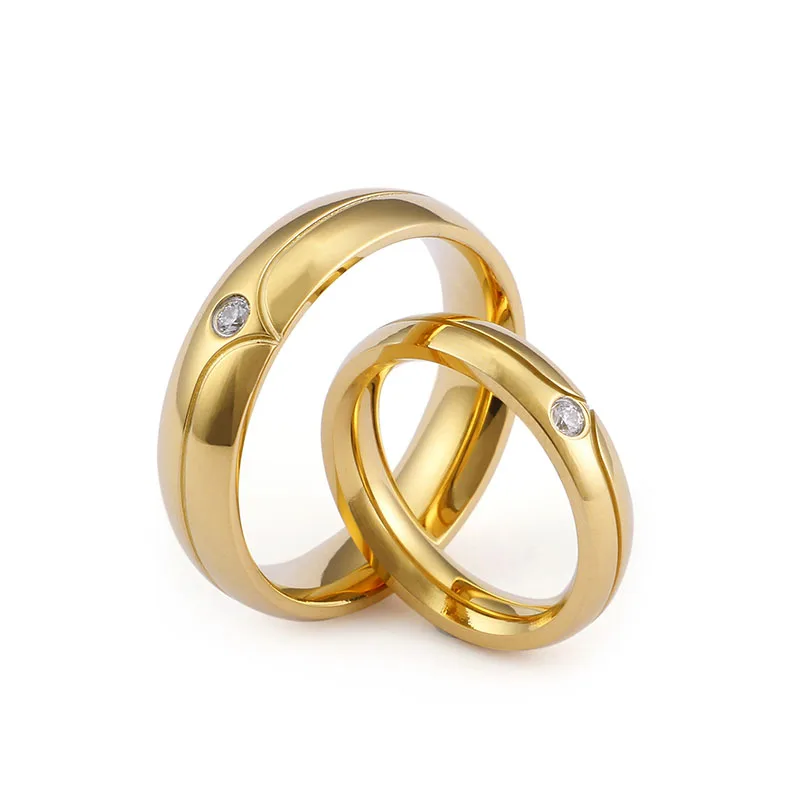 

Simple Gold Color Stainless Steel Wedding Rings for Women and Men Cubic Zirconia Fashion Couple Alliance Jewelry