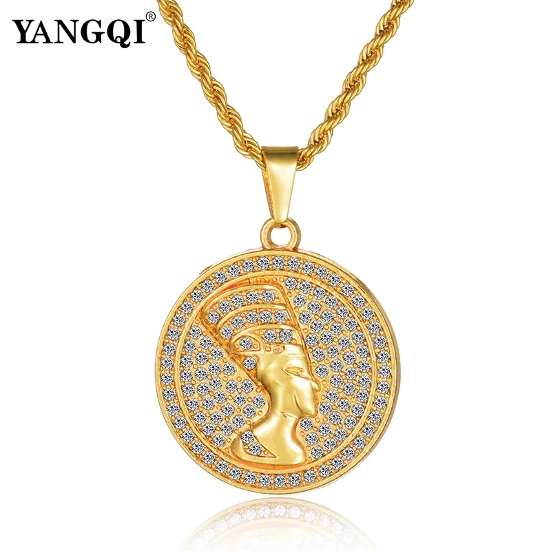 

YANGQI Hip Hop Ice Out Bling Bling Medallion Necklace Hip Hop Antique Egypt Queen Nefertiti Round Charm Pendant Necklace
