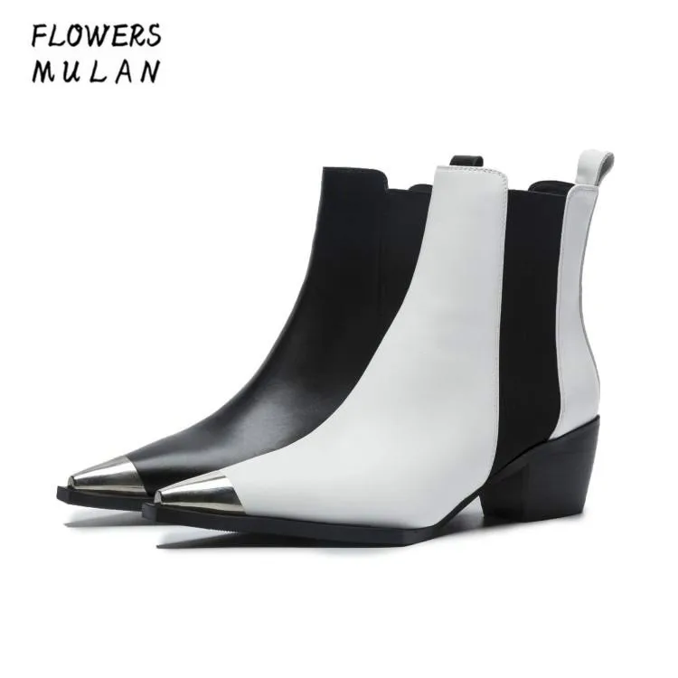 

New Designers Winter 2018 Women Ankle Boots Silver Metallic Toe Low Chunky Heel Chelsea Boots Black White Leather Shoes Lady