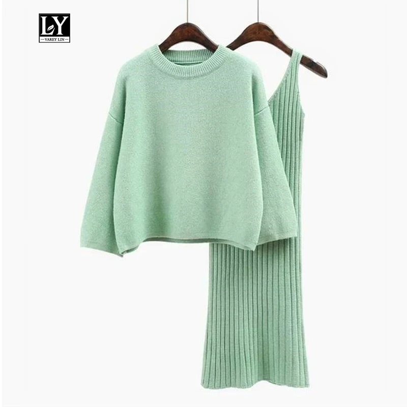 Ly Varey Lin Autumn Winter Womans Sweater+ Straped Mini Dress Sets Solid Color Casual Loose Knitted Sweater Two-pieces Suits