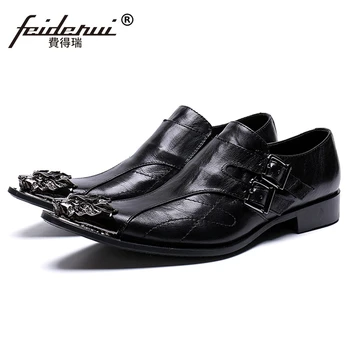 

Black Pointed Toe Man Formal Dress Footwear Genuine Leather Metal Tipped Flats Monk Straps Men's Handmade Party Shoes SL456