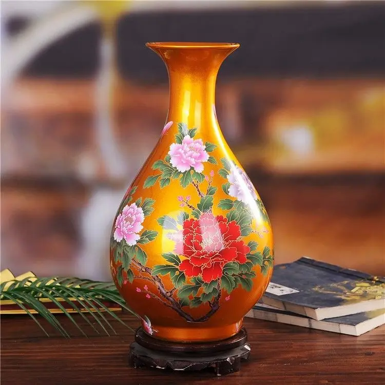 

DS 15" China Jingdezhen Golden Porcelain tree peony Yu Huchun Vase Sculpture Statue