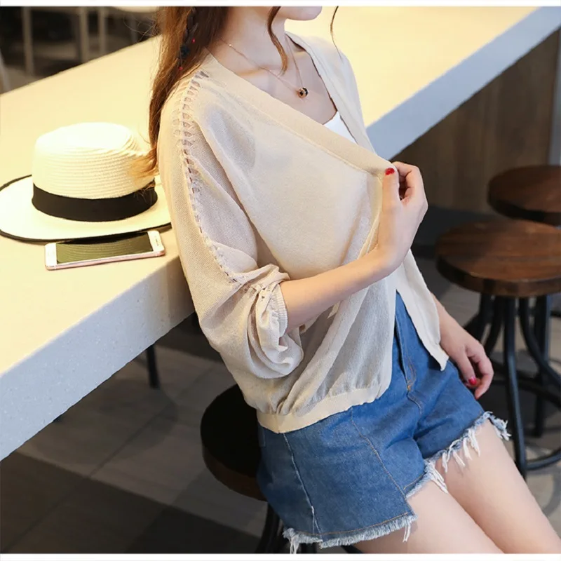 Thin knit cardigan female 2019 new spring summer Lace V neck solid sweater casual cardigans hollow loose shawl coat