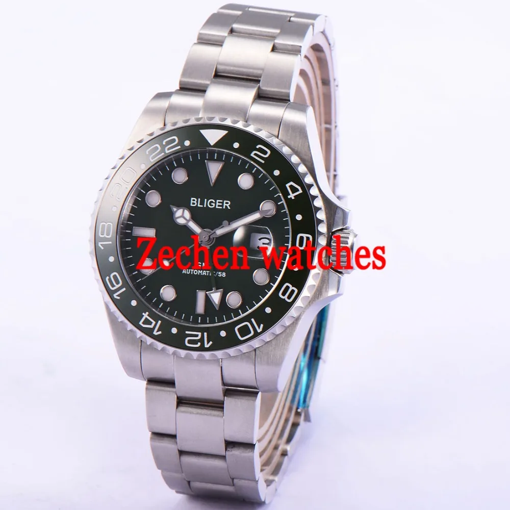 

43mm Bliger green dial Date Day Sapphire GMT Automatic Mechanical Luminous Mens Watch Shock-Resistant
