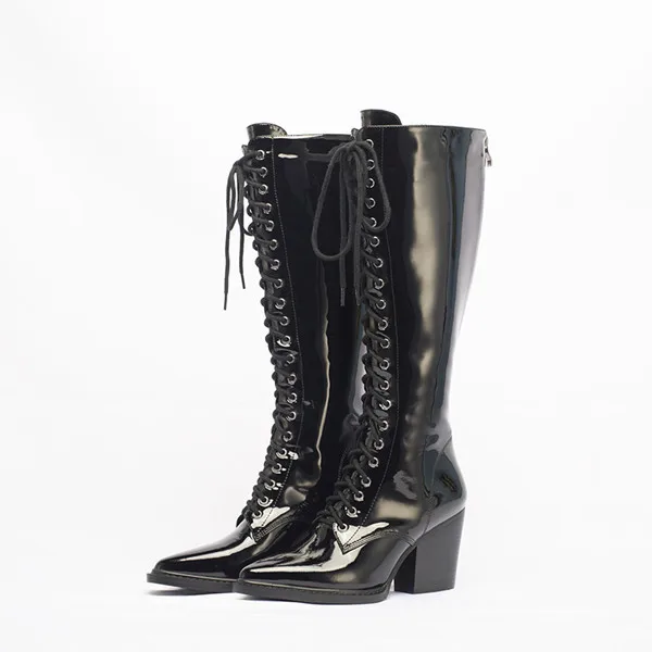 Mcacchi/Женские ботинки в байкерском стиле; ботинки на толстом каблуке с острым носком на шнуровке; женские сапоги до колена из лакированной кожи; модные ботинки; Botas mujer - Цвет: Black