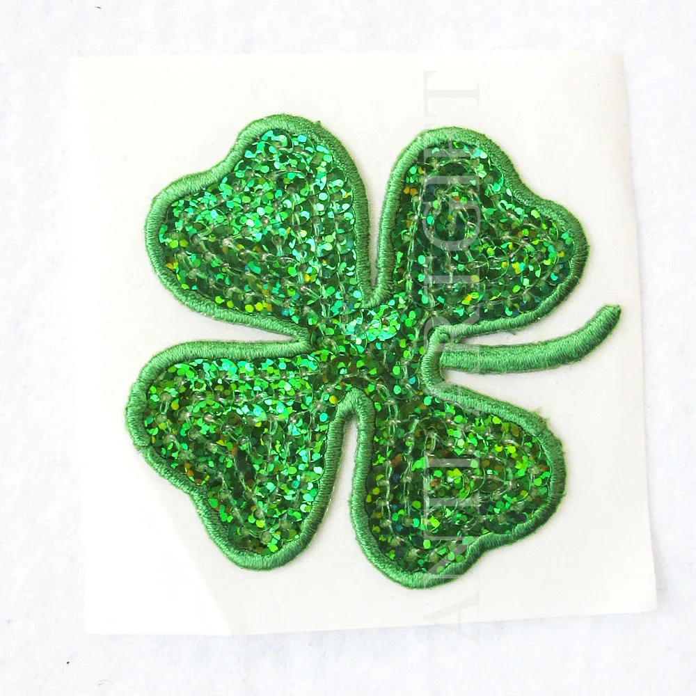 

Custom Paillette Embroidery Patches 2.5" Green Leaf Emblem laser cut double sides adhesive tape high quality