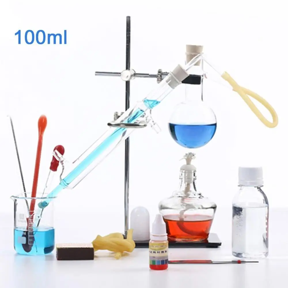 

100ml New Lab Essential Oil Distillation Apparatus Water Distiller Purifier Glassware Kits w/Condenser Pipe Full Sets