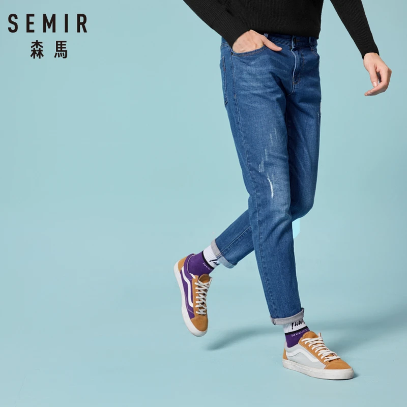 Reviews SEMIR Men Retro Slim Fit Cotton Jeans with Destruction Men's Classic Jeans Washed Denim Zip Fly with Button Streetwear