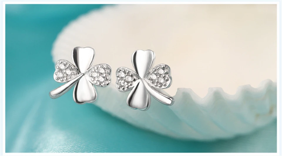 a PISSENLIT Women Jewelry White Rhinestone Stud Earrings pendientes mujer moda 2019 New Silver Clover Wedding Stud Earring brincos