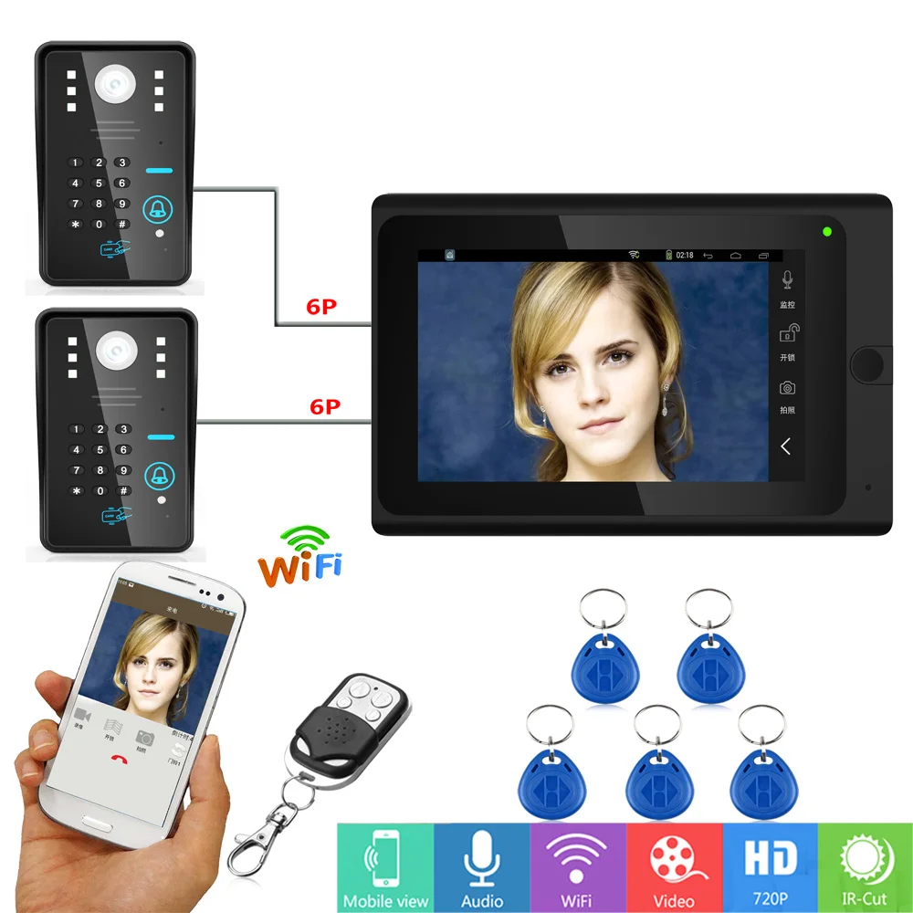 buy Mountainone 7 inch Two to One Wired Wireless Wifi RFID Password Video Door Phone Doorbell Intercom 1000tvl Cameras Remote APP