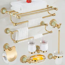 Набор аксессуаров для ванной комнаты из меди и нефрита, вешалка для полотенец, крючок для халата, мыльница, держатель для бумаги, аксессуары для ванной комнаты, набор с золотым покрытием