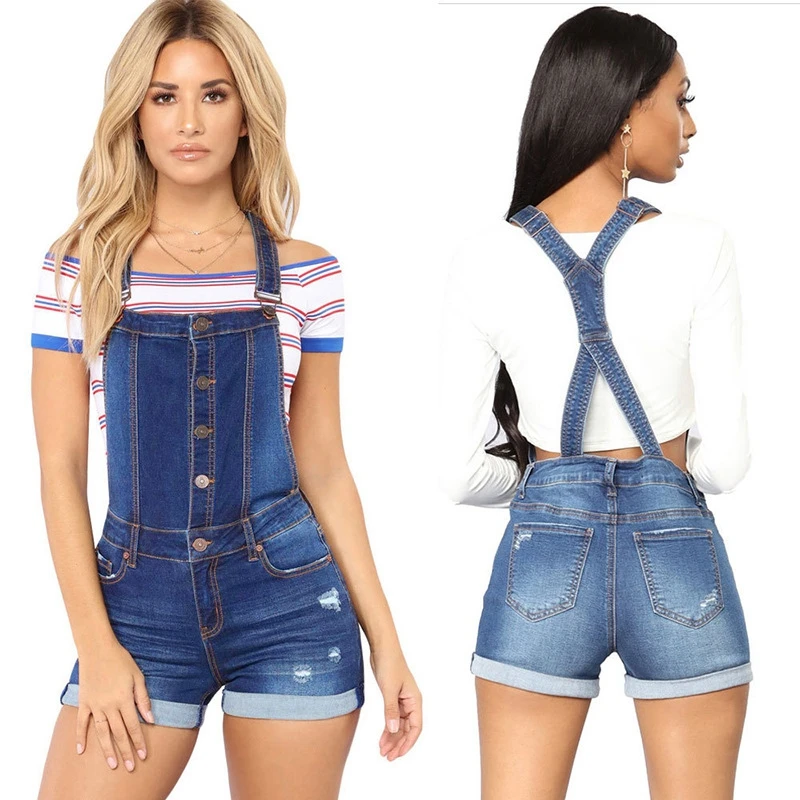 SportsX Women Denim Skinny Washed Buttons Faded Playsuit Shorts Rompers