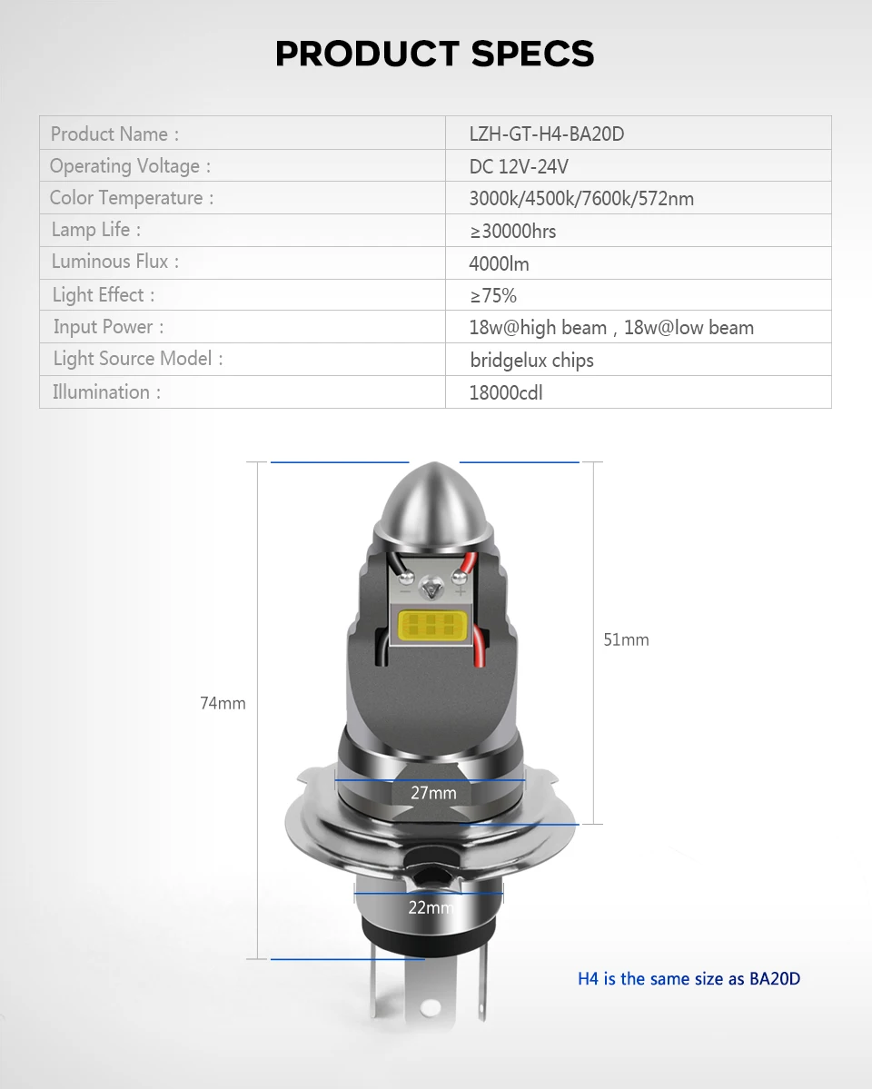 Ray soul HS1 H4 BA20D moto rcycle светодиодный головной светильник 7500K 4000лм DC 12 v-80 v продукт для всех 36w moto лампа яркий светильник