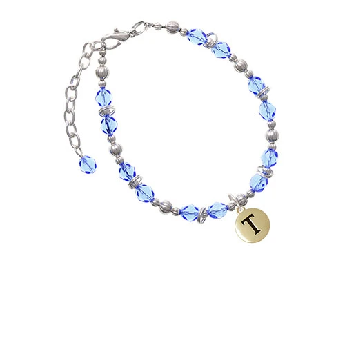 Goldtone Capital Letter - T - Pebble Disc - Light Blue Beaded Bracelet