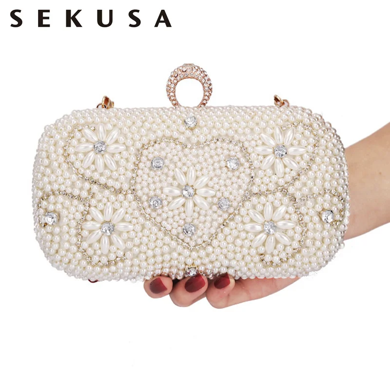 

SEKUSA Diamonds Bead Clutch Women Rings Metal Pearl Evening Bags Fancy Ladies Wedding Bridal Handbags