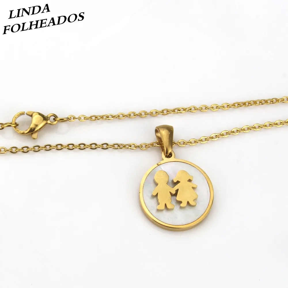 

LINDA FOLHEADOS Jewelry Unique Round Shape Kids Pattern Gold Stainless Steel Link Chain Shell Pendulum Pendant Necklace