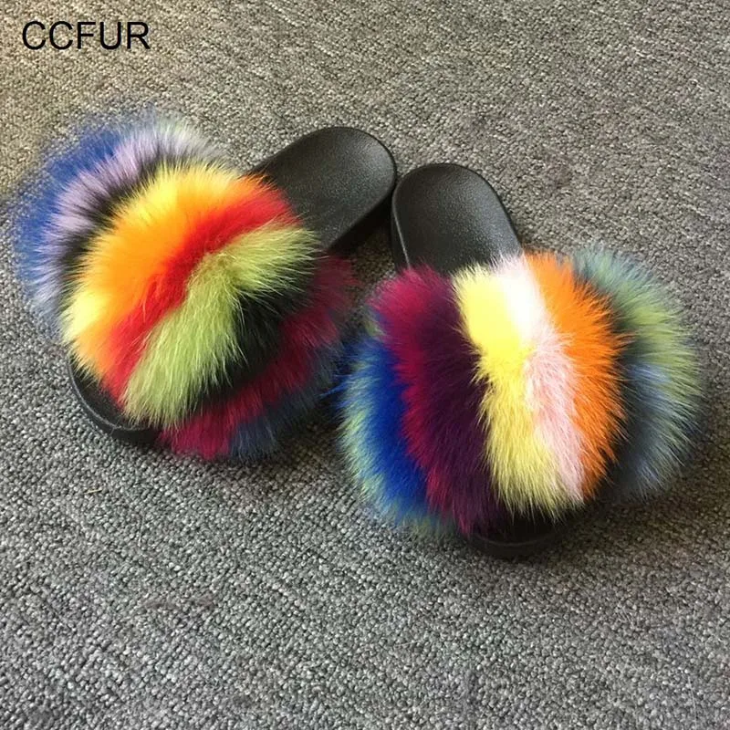 Г., новые летние роскошные женские шлепанцы с натуральным лисьим мехом разноцветные женские шлепанцы домашние сандалии S6025 - Цвет: Rainbow 1