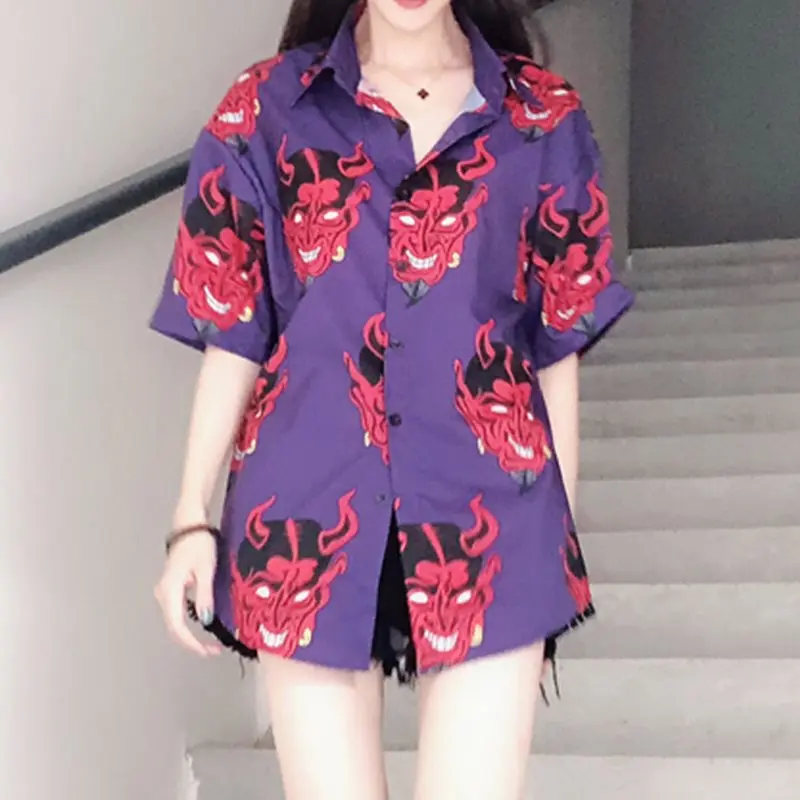 Harajuku Devil Print Couple Shirt Women Short Sleeve Shirts Pink Monster Fashion BF Style Summer Purple Casual Streetwear Top - 33028057860